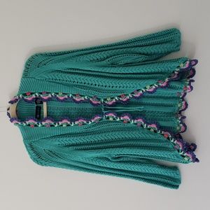 Vintage‎ Teal Green Crocheted Sweater With Multicolored Crochet Trim Size Large